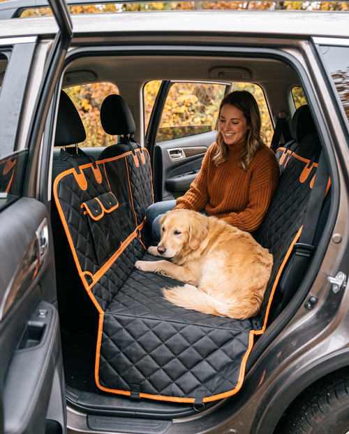 Kobieta siedzi obok golden retrievera na macie do auta TravelTail na tylnej kanapie