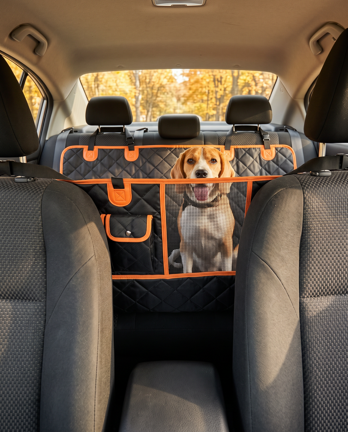 Beagle patrzy przez okienko z siateczki w hamaku dla psa