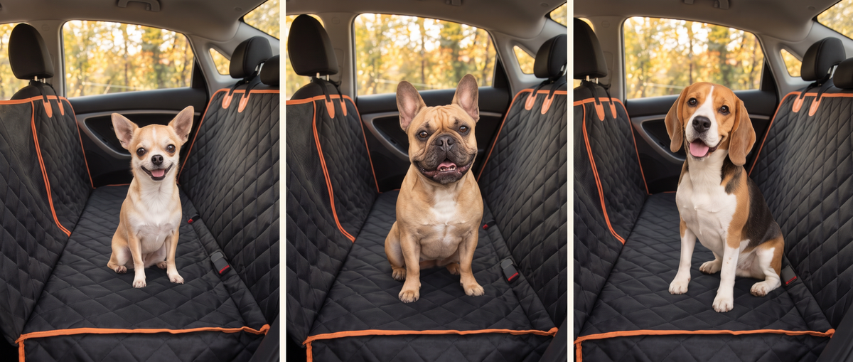 Mata do auta pasuje dla małych i średnich psów – chihuahua, buldog francuski i beagle na macie TravelTail